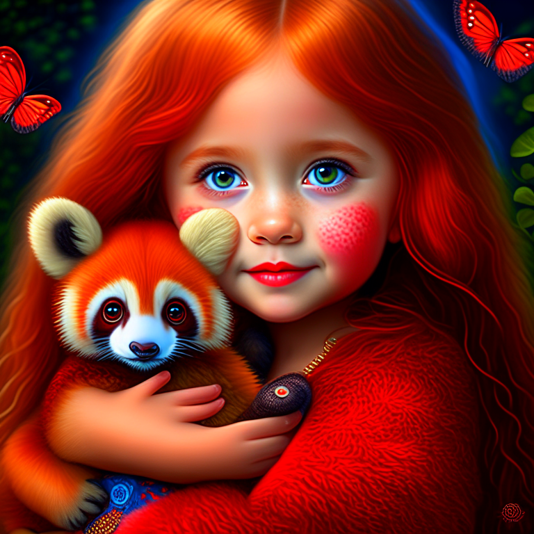 little girl, cute, beautiful eyes, wavy hair, very cute, very beautiful, holding a little red panda in her arms, bright light, butterflies, high detail, professional. intricate details, f2.2, handsome, intricate details, sumatraism