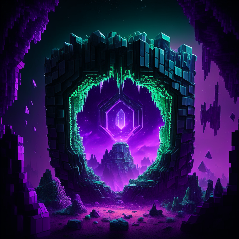 purple tone, emerald, ruby, crystal gems Armored nether portal lattice, alien worlds,  city, nebulae, minecraft style 8k