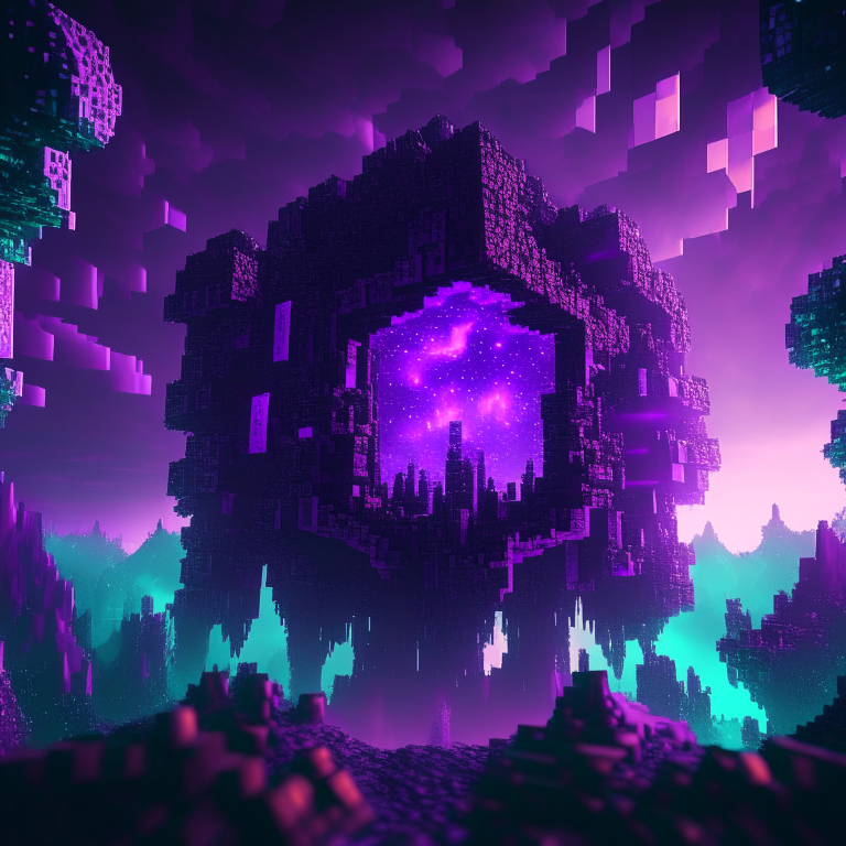 minecraft world clouds, purple tone, emerald, ruby, crystal gems Armored nether portal lattice, alien worlds,  city, nebulae, minecraft style 8k