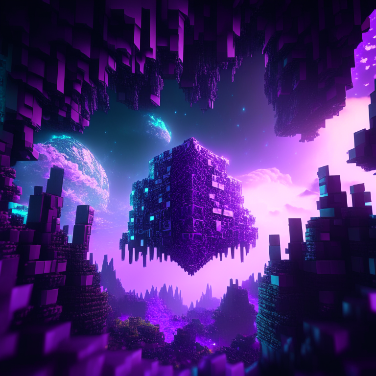 minecraft world clouds, purple tone, emerald, ruby, crystal gems Armored nether portal lattice, alien worlds,  city, nebulae, minecraft style 8k