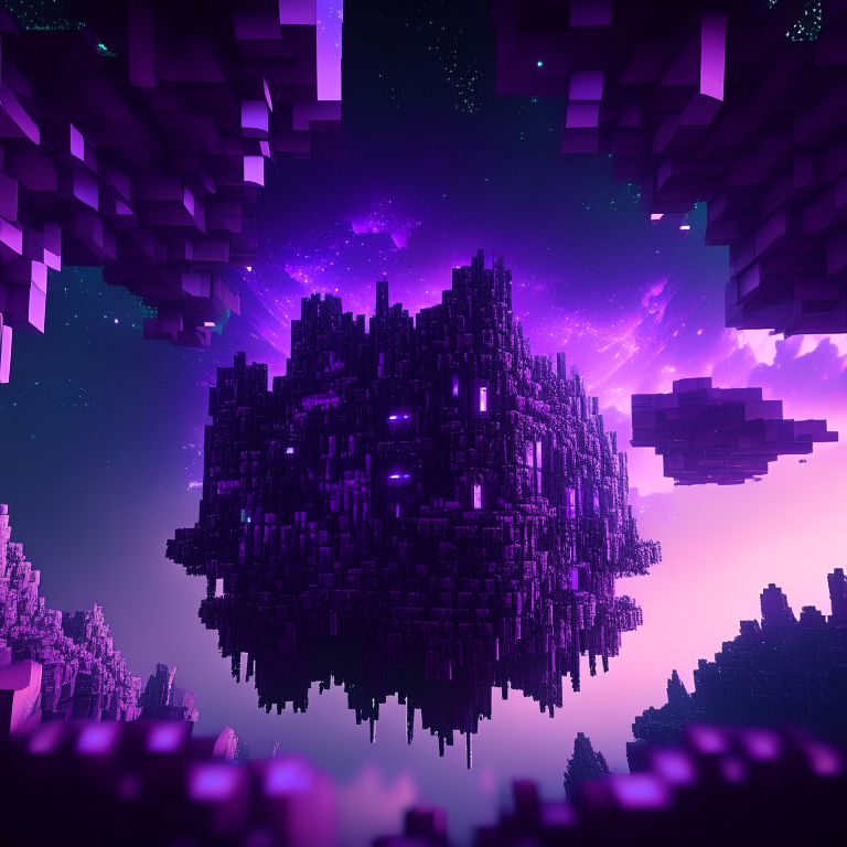 minecraft world clouds, purple tone, emerald, ruby, crystal gems Armored nether portal lattice, alien worlds,  city, nebulae, minecraft style 8k