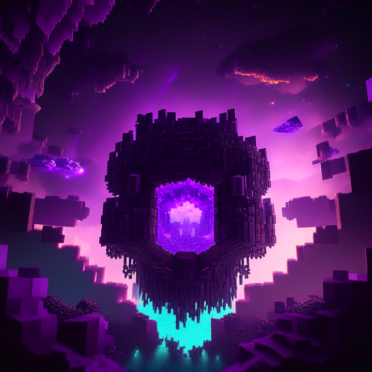 minecraft world clouds, nether portal, purple tone, emerald, ruby, crystal gems Armored nether portal lattice, alien worlds,  city, nebulae, minecraft style 8k