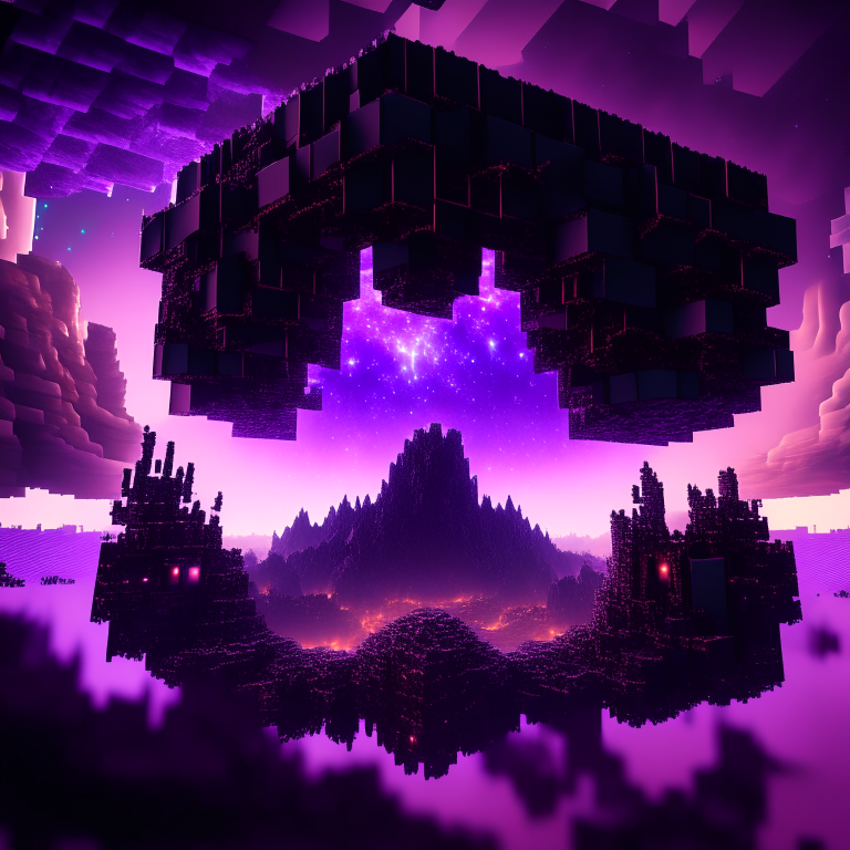 minecraft world clouds, nether portal, purple tone, emerald, ruby, crystal gems Armored nether portal lattice, alien worlds,  city, nebulae, minecraft style 8k