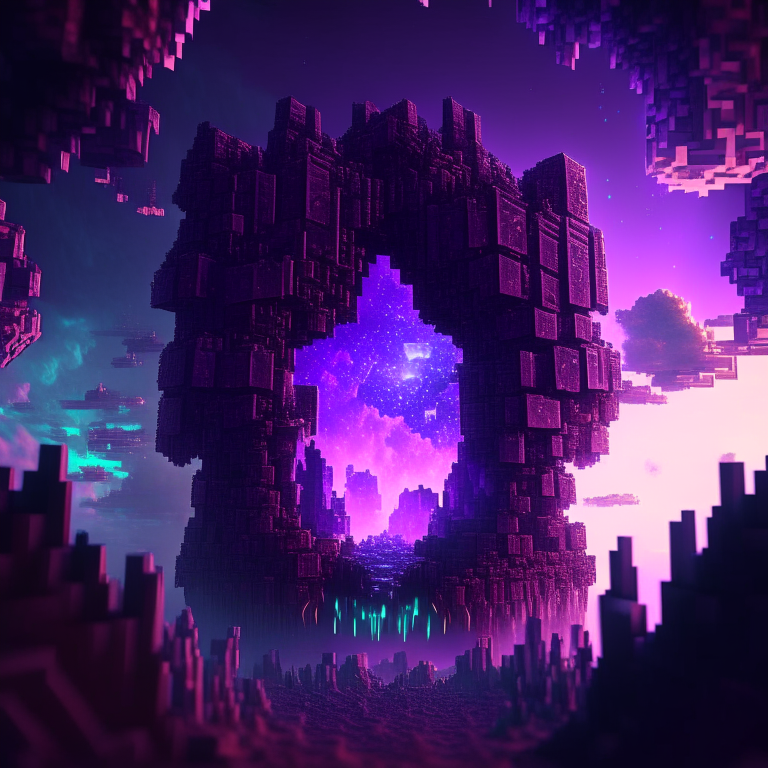 minecraft world clouds, nether portal, purple tone, emerald, ruby, crystal gems Armored nether portal lattice, alien worlds,  city, nebulae, minecraft style 8k