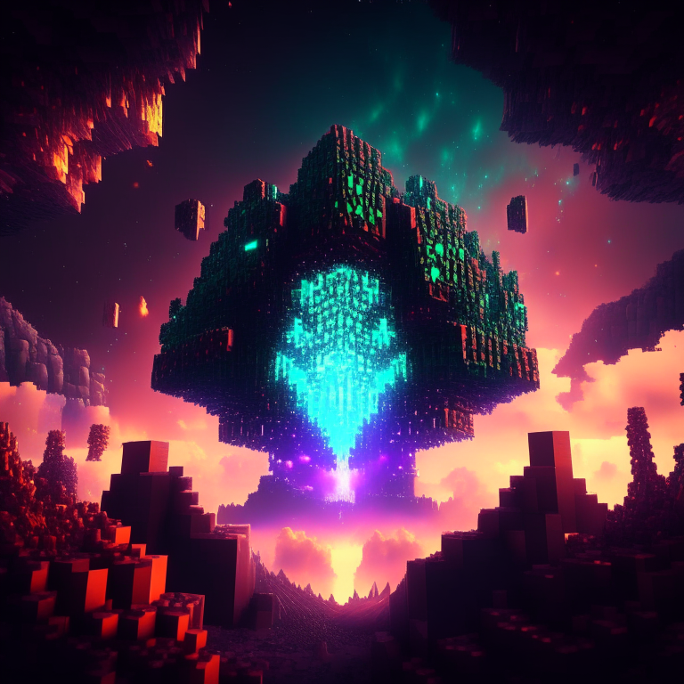 minecraft world clouds, nether portal, emerald, ruby, crystal gems Armored nether portal lattice, alien worlds,  city, nebulae, minecraft style 8k