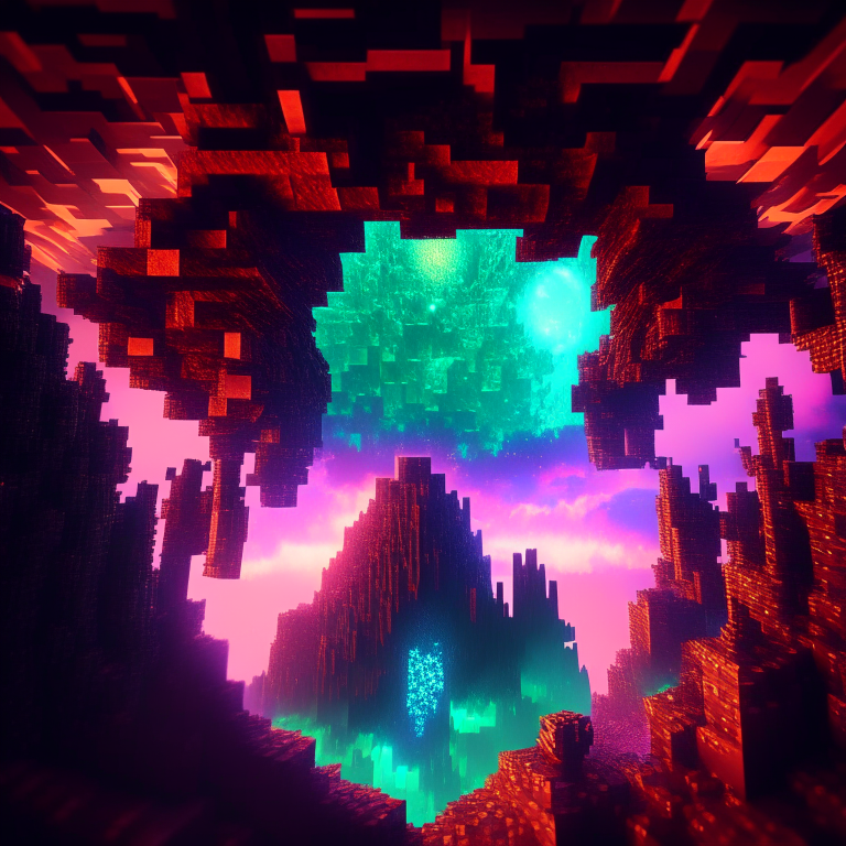 minecraft world clouds, nether portal, emerald, ruby, crystal gems Armored nether portal lattice, alien worlds,  city, nebulae, minecraft style 8k