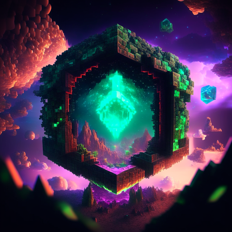 minecraft world clouds, portal, emerald, ruby, crystal gems Armored nether portal lattice, prismatic,alien worlds, nebulae, minecraft style 8k