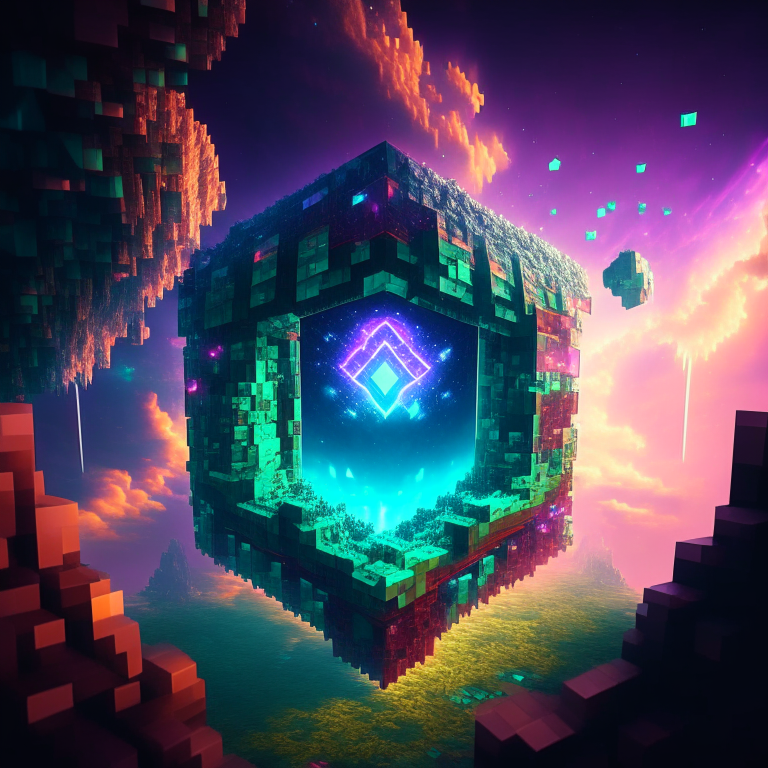 minecraft world clouds, portal, emerald, ruby, crystal gems Armored nether portal lattice, prismatic,alien worlds, nebulae, minecraft style 8k