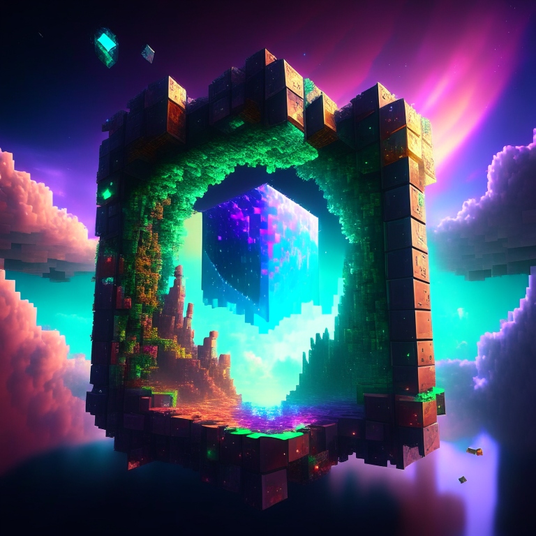 minecraft world clouds, portal, emerald, ruby, crystal gems Armored nether portal lattice, prismatic,alien worlds, nebulae, minecraft style 8k, rainbow