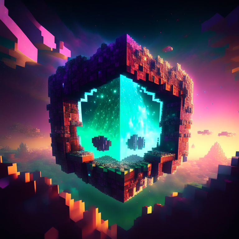 minecraft world clouds, portal, emerald, ruby, crystal gems Armored nether portal lattice, prismatic,alien worlds, nebulae, minecraft style 8k, rainbow