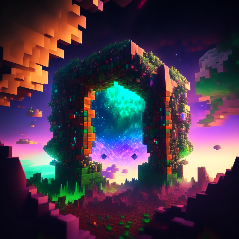 minecraft world clouds, portal, emerald, ruby, crystal gems Armored nether portal lattice, prismatic,alien worlds, nebulae, minecraft style 8k, rainbow