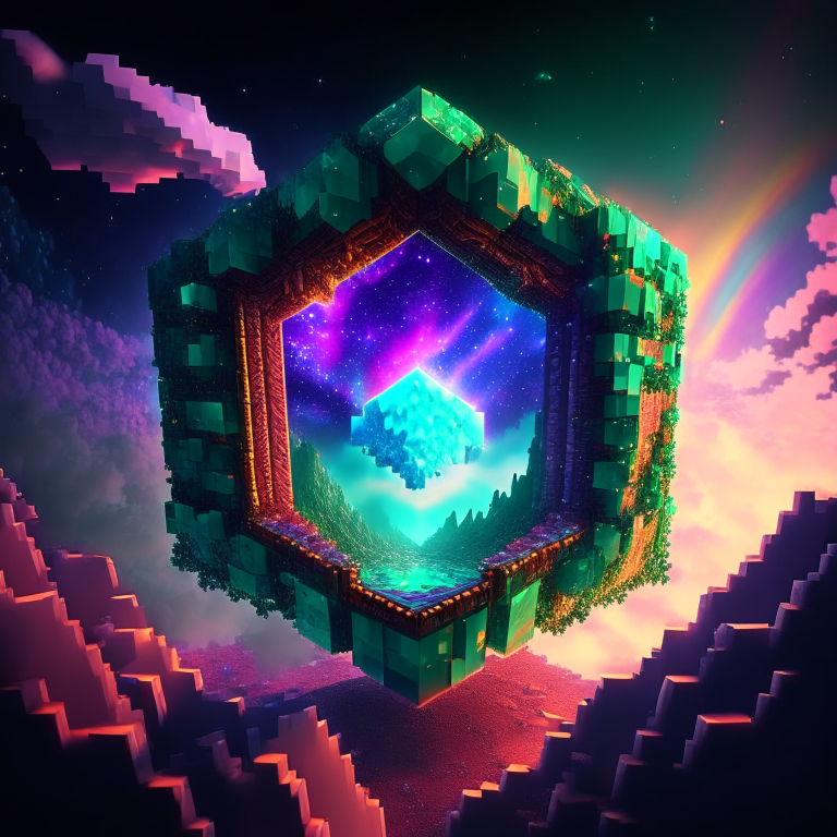 minecraft world clouds, portal, emerald, ruby, crystal gems Armored nether portal lattice, prismatic,alien worlds, nebulae, minecraft style 8k, rainbow