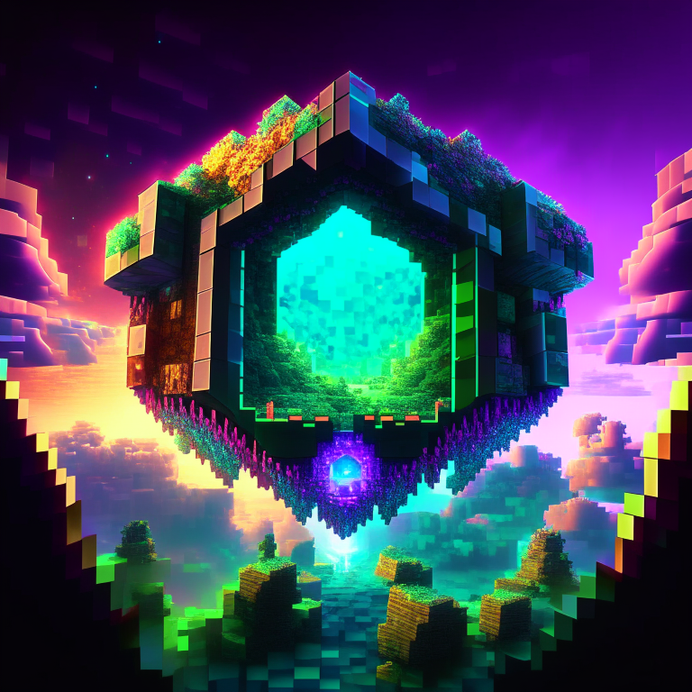 minecraft world clouds, portal, emerald, ruby, crystal gems Armored nether portal lattice, prismatic,alien worlds, nebulae, minecraft style 8k, rainbow