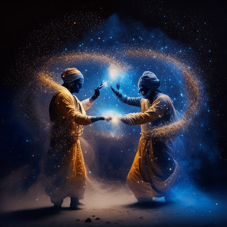 Indian magicians with glowing dust and magic particles making celestial astras shapes