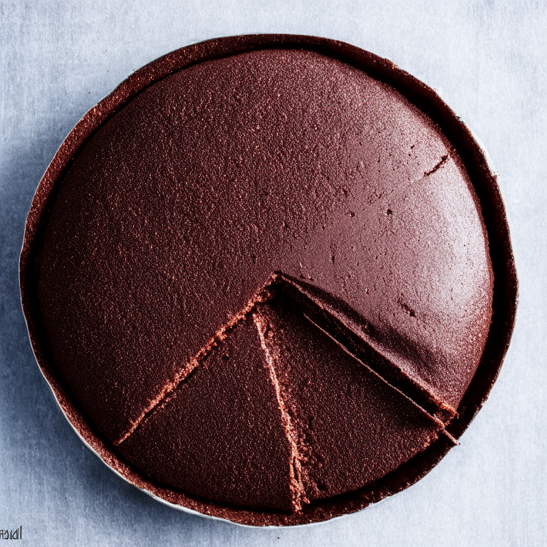 Gluten free flourless chocolate cake. Top view showing the smooth, domed shape. Overhead softbox lighting.