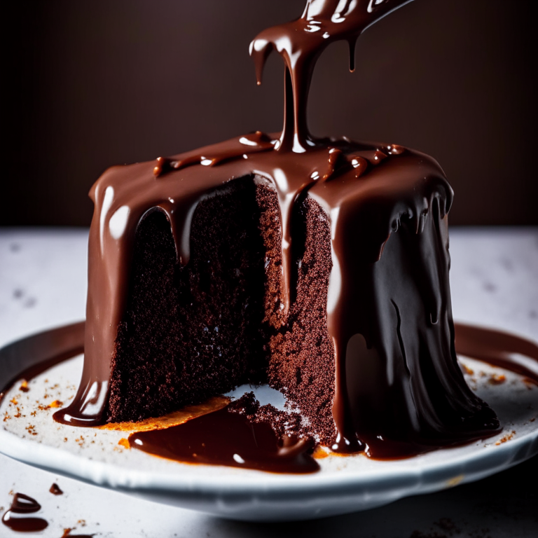 Gluten free flourless chocolate cake. Focused on the chocolate sauce dripping down the sides. Studio lighting from the side.