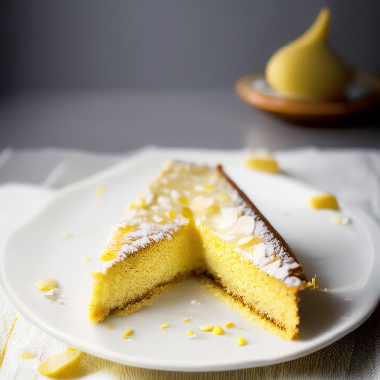 A slice of gluten free lemon almond cake on a white plate, bright studio lighting, razor sharp focus, filling the frame