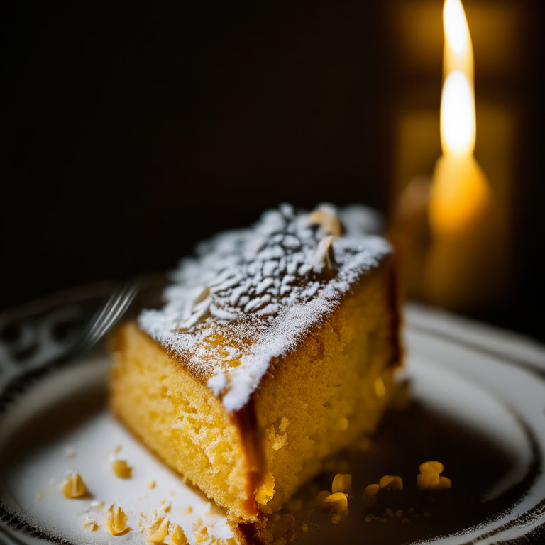 A corner slice of gluten free lemon almond cake, lit by candlelight, every crumb in focus, filling the frame