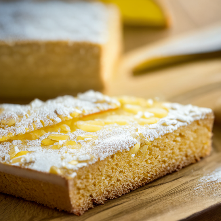 A gluten free lemon almond cake on a wooden cutting board, lit by soft window light, razor sharp focus, close up angle