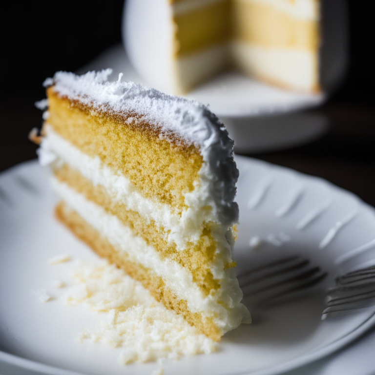 A slice of gluten free coconut flour vanilla cake on a white plate, filled the frame, lit by bright, clear studio lighting, every part of the cake in razor sharp focus