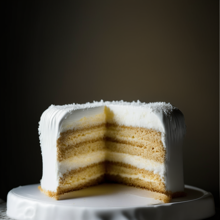 A side view of gluten free coconut flour vanilla cake on a white plate, filled the frame, lit by softbox lights, every detail of the cake's texture in perfect focus