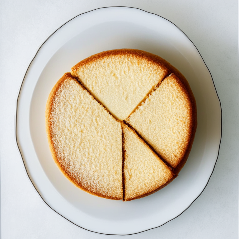 Top down view of gluten free coconut flour vanilla cake on a white plate, filled the frame, lit by natural window light, ultra high definition with not a single part blurry