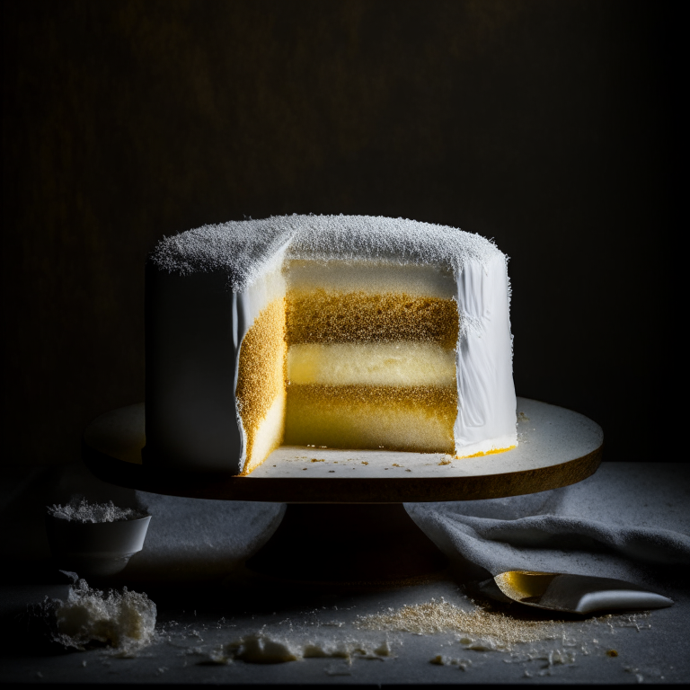 A recipe for gluten free coconut flour vanilla cake centered and filling the frame, lit by softbox lights from the side, every word and ingredient measurement in perfect focus