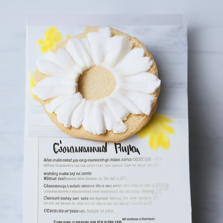 A close-up photo of the gluten free coconut flour vanilla cake recipe card filled the frame and centered, lit by softbox lights from the side, every word and number in the recipe shown in perfect focus against a plain white background