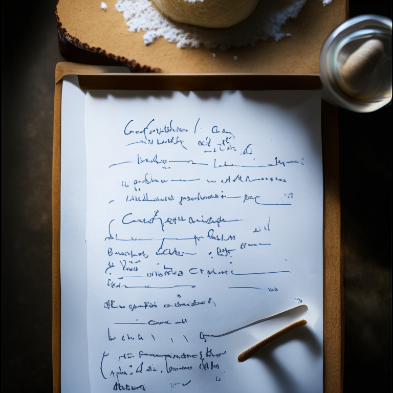 A top down photo of the gluten free coconut flour vanilla cake recipe handwritten on a notecard and filling the frame, lit by bright window light, every letter and ingredient measurement in ultra high definition with no blur or distractions