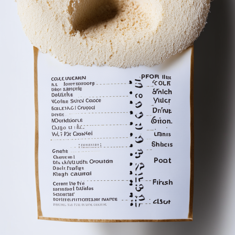 An extreme close-up of the ingredient list for gluten free coconut flour vanilla cake recipe filling the frame and centered, lit by softbox lights, every measurement and amount shown in razor sharp focus against a plain white background