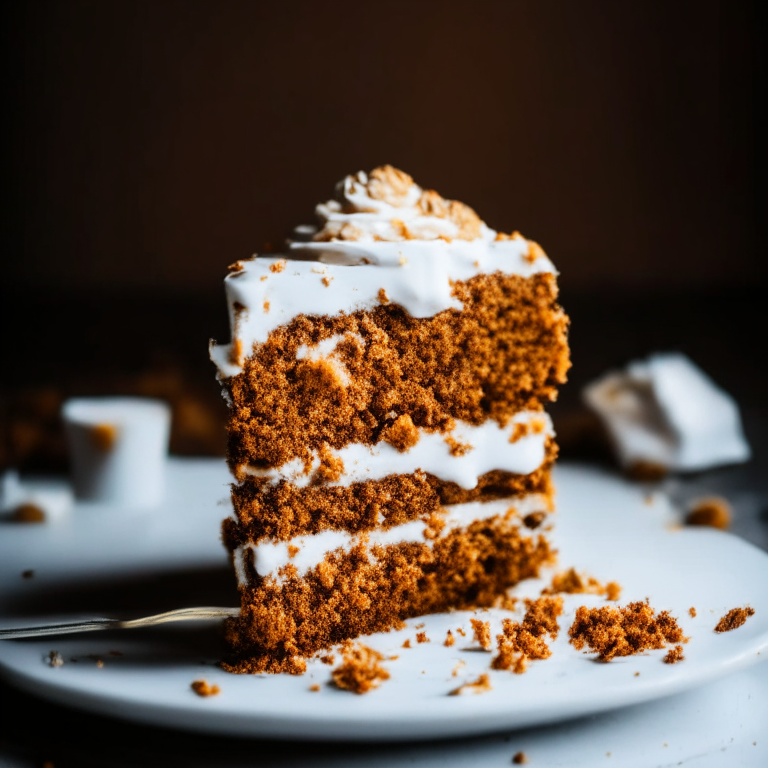 A photo of gluten-free carrot cake on a white plate, filled with walnuts and cream cheese frosting, lit by bright studio lights from the side, the cake filling most of the frame and in perfect focus from edge to edge