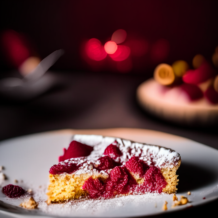 A photo of gluten-free raspberry almond cake on a white plate, filled with raspberries and almond slivers, lit by bright studio lights from the side, the cake filling most of the frame and in perfect focus from edge to edge