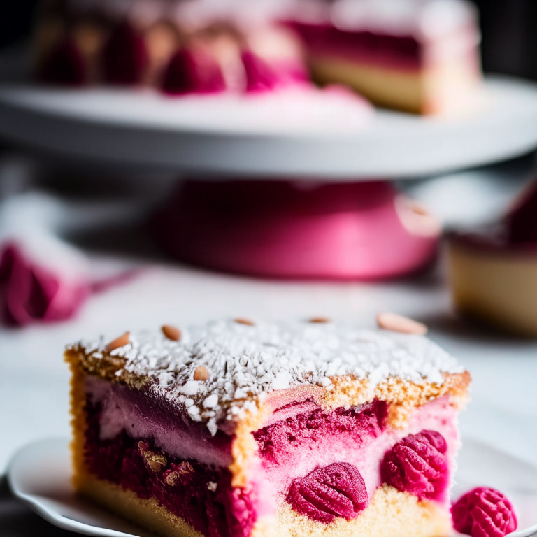 A side view of gluten-free raspberry almond cake filled with raspberries and topped with almond slivers, lit by bright window light, the entire cake shown in perfect focus from the first layer to the topmost almond slice