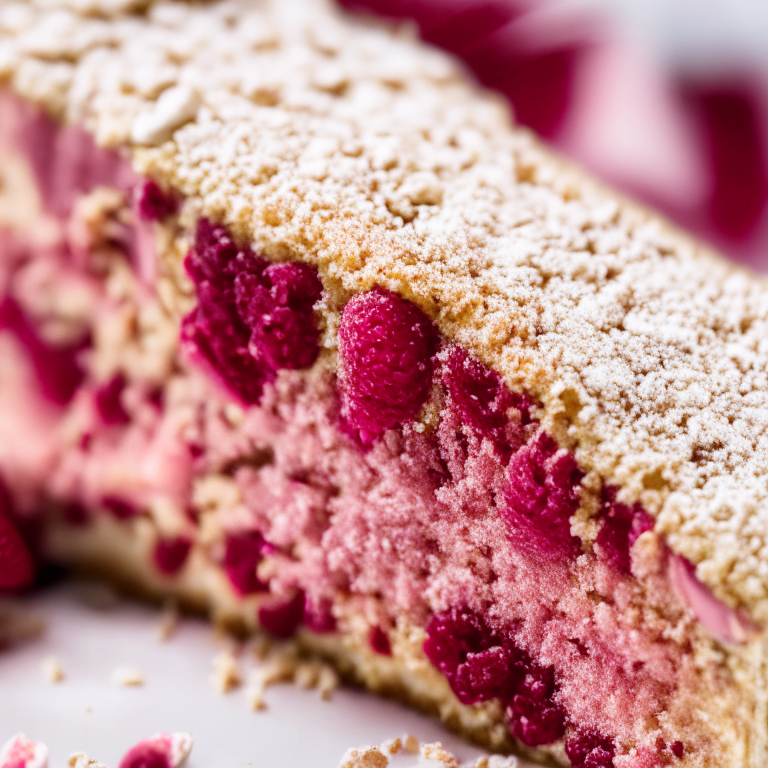 An extreme close-up of gluten-free raspberry almond cake topped with raspberries and almond slivers, lit by softbox lights, every detail of the raspberry seeds and cake crumbs shown in razor-sharp focus against a plain white background