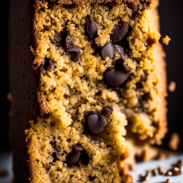 An extreme close-up of gluten-free banana chocolate chip cake made with gluten-free flour, showing every detail of the chocolate chips and cake crumbs in perfect, razor-sharp focus against a plain white background lit by softbox studio lights