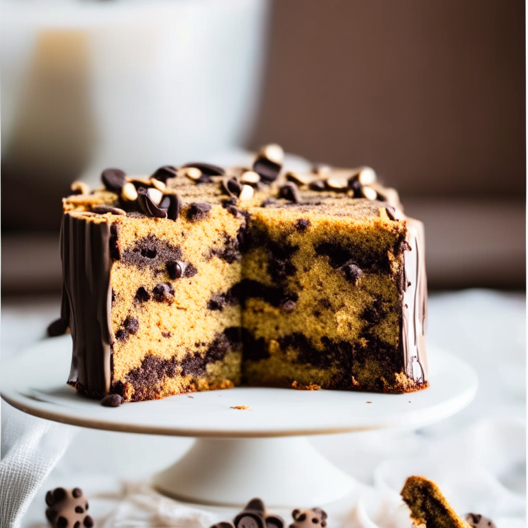 A side view photo of gluten-free banana chocolate chip cake filled with chocolate chips and topped with chocolate frosting, the entire cake shown in perfect focus from the first layer to the topmost chocolate chip, lit by bright window light filling the frame