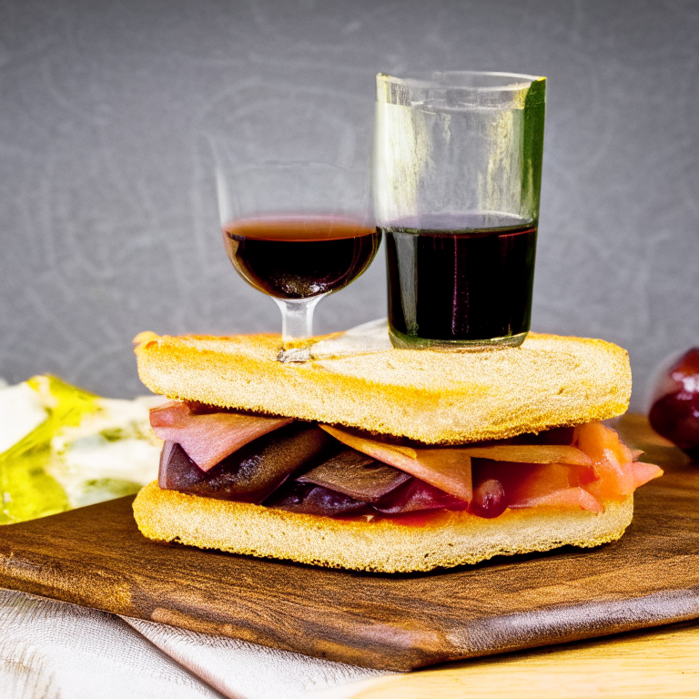 Glass of wine vintage style with sandwich on the top, tapa style. Sandwich should cover glass