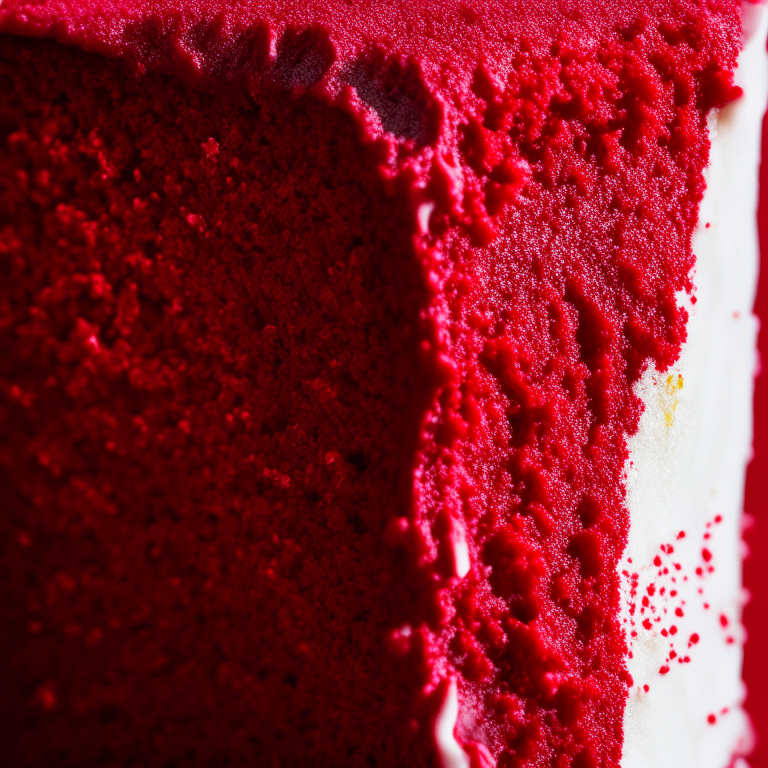 An extreme close-up of gluten-free red velvet cake showing every detail of the red and cream colored cake crumbs in perfect, razor-sharp focus against a plain white background lit by softbox studio lights