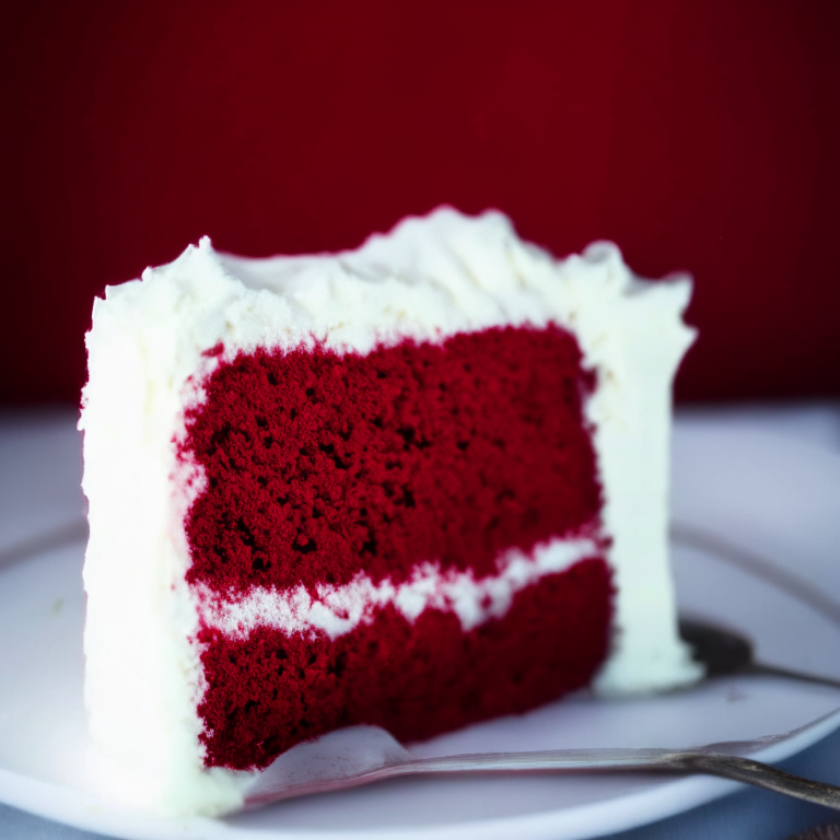 A side view photo of gluten-free red velvet cake filled with cream cheese frosting, the entire cake shown in perfect focus from the first layer to the topmost crumb, lit by bright window light filling the frame