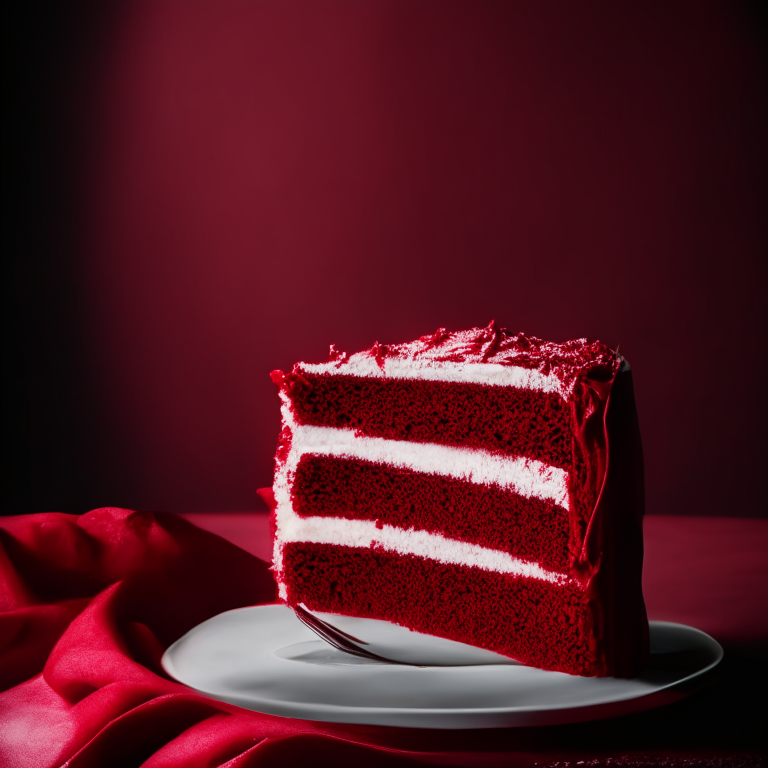 A photo of gluten-free red velvet cake on a white plate, filling most of the frame and in perfect focus from edge to edge, lit by bright, directional studio lights from the side to minimize shadows