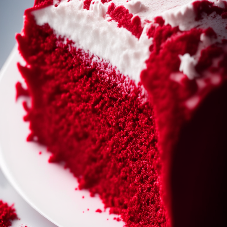 An extreme close-up of gluten-free red velvet cake showing every detail of the red and cream colored cake crumbs in perfect, razor-sharp focus against a plain white background lit by softbox studio lights, the shot taken from a low angle looking up at the cake