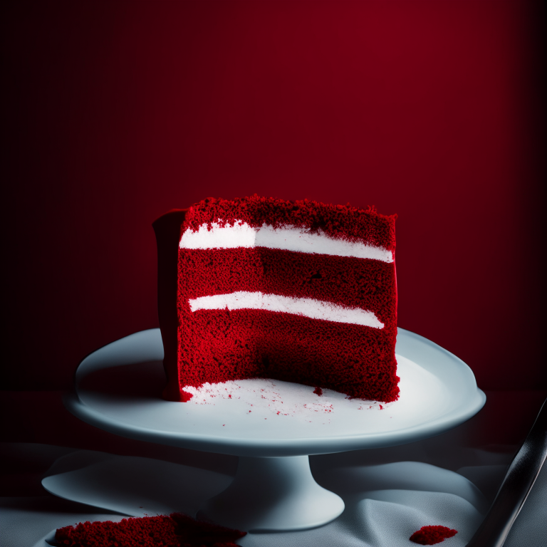 A photo of gluten-free red velvet cake on a small white plate, filling most of the frame and in perfect focus from edge to edge, lit by bright, directional studio lights from above to minimize shadows on the red velvet layers