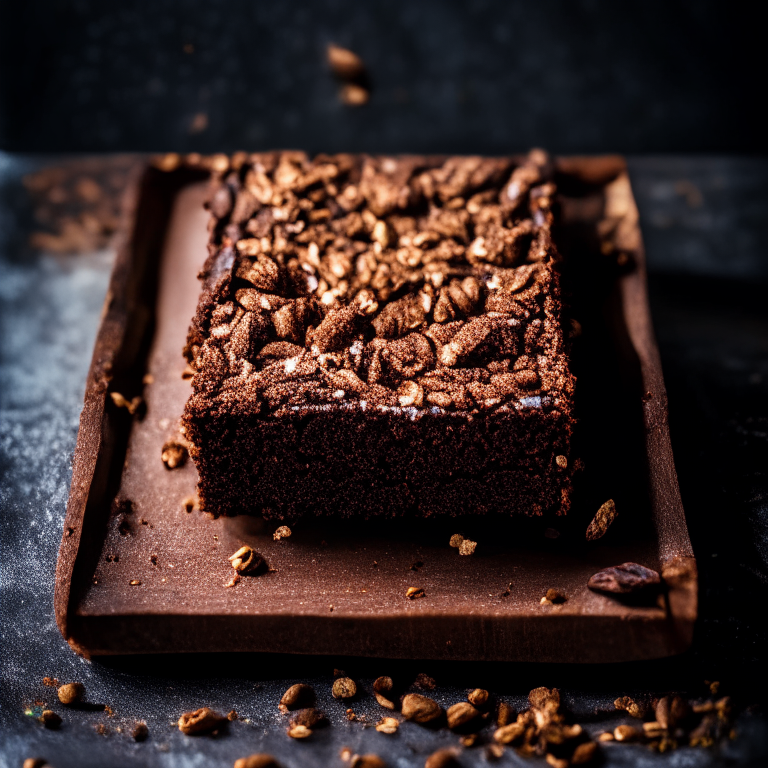 A photo of a large gluten-free brownie traybake on a wooden cutting board, filling most of the frame and in perfect, razor-sharp focus from edge to edge, lit by bright, directional studio lights from above to minimize shadows on the brownie layers and show every detail of the chocolate and walnut crumbs against a plain white background