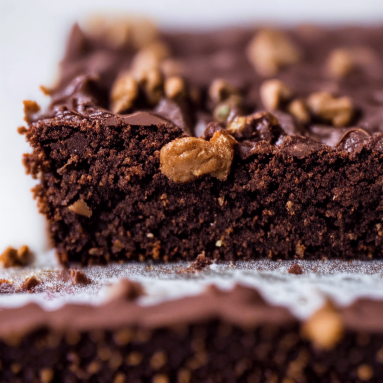 An extreme close-up of gluten-free brownie traybake showing every detail of the chocolate and walnut crumbs in perfect, razor-sharp focus against a plain white background lit by softbox studio lights, the shot taken from a low angle looking up at the brownie traybake