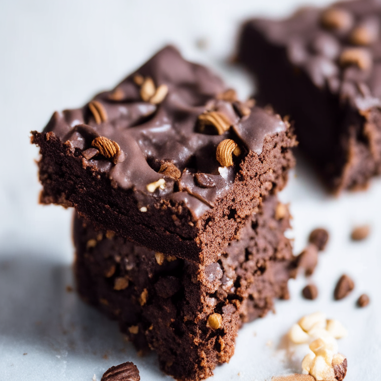 A close-up side view of a large gluten-free brownie traybake filled with chocolate chips and walnuts, the entire brownie in perfect focus under bright, clear studio lighting to showcase every detail of the fudgy brownie and chocolate chunks against a plain white backdrop