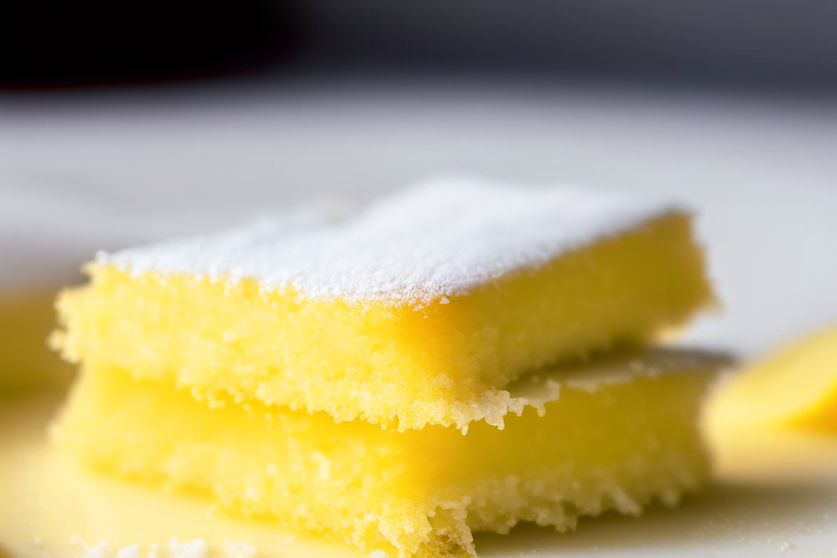 Gluten free lemon bars on a white plate, razor-sharp focus, bright, clear studio lighting