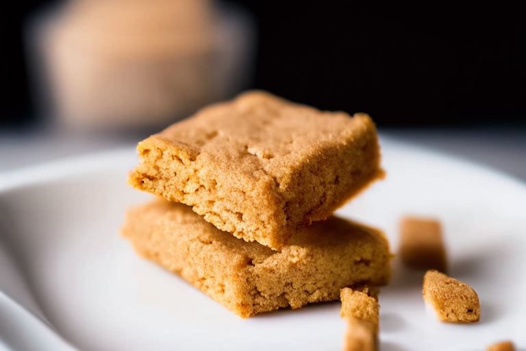 Gluten free almond flour blondies on a white plate, filling most of the frame, razor-sharp focus, bright, clear studio lighting