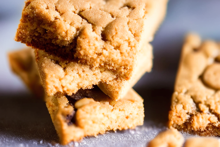 Gluten free almond flour blondies, zooming in to minimize distractions, razor-sharp focus on the bars, bright studio lighting