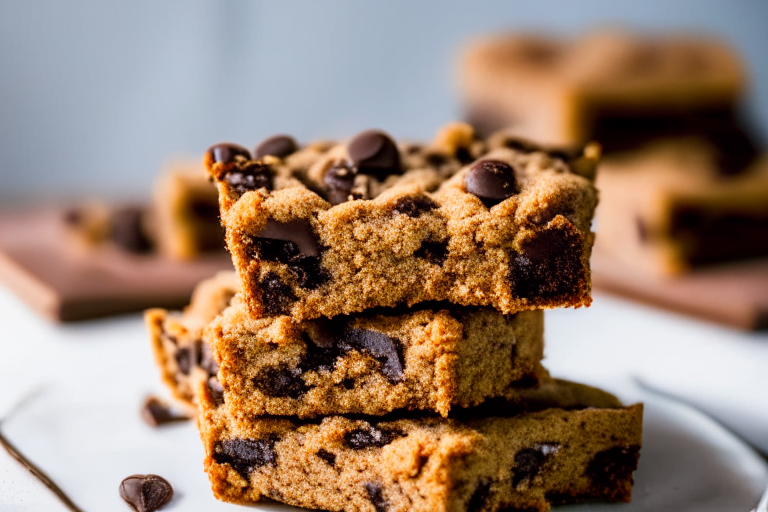 A plate filled with gluten-free chocolate chip cookie bars under bright, clear studio lighting, razor-sharp focus on the tops of the bars