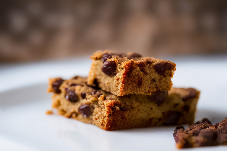 Gluten-free chocolate chip cookie bars on a white plate, filling most of the frame under soft, directional studio lighting with razor-sharp focus on the entire bar